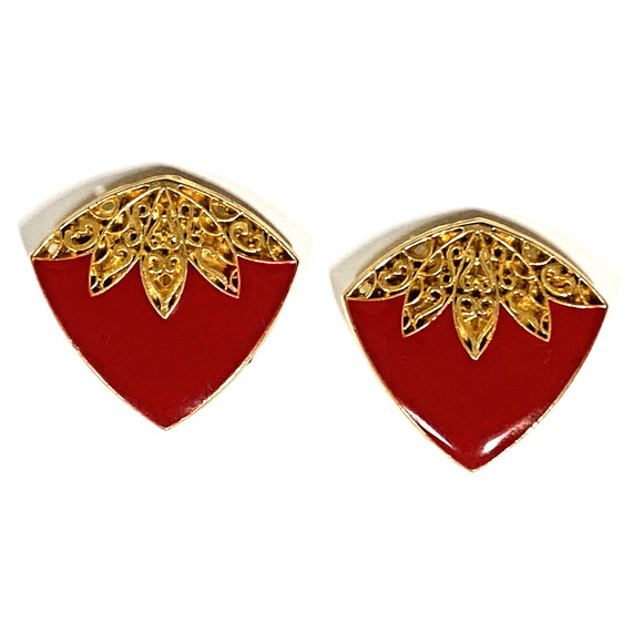 Vintage Clip On Earrings Goldtone Filigree & Red Enamel 1980's Boss Lady Chic - Picture 2 of 7